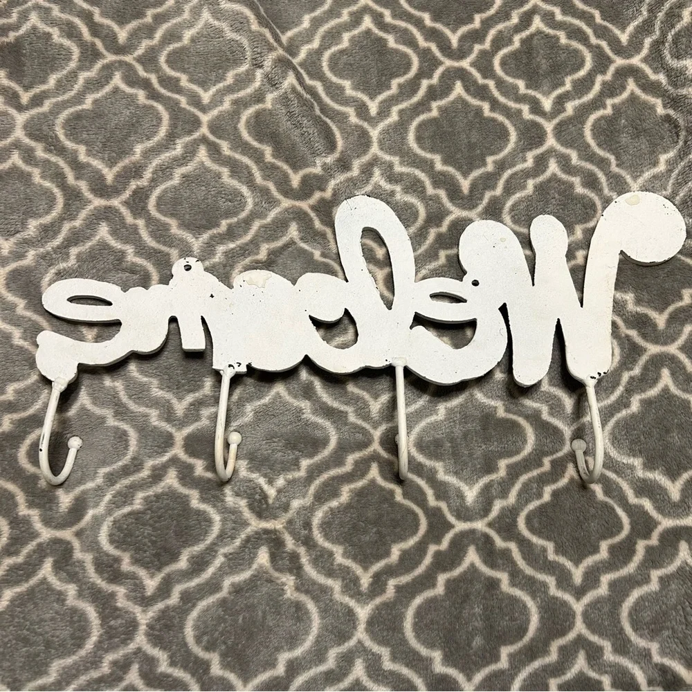 Beautiful Country-Chic Painted Metal Welcome Wall Decor With Coat Hooks.